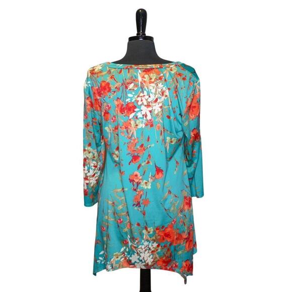 Sunny Leigh Flowing Draped Asymmetrical Hem Floral Blouse Fairy Pixie - Picture 2 of 4